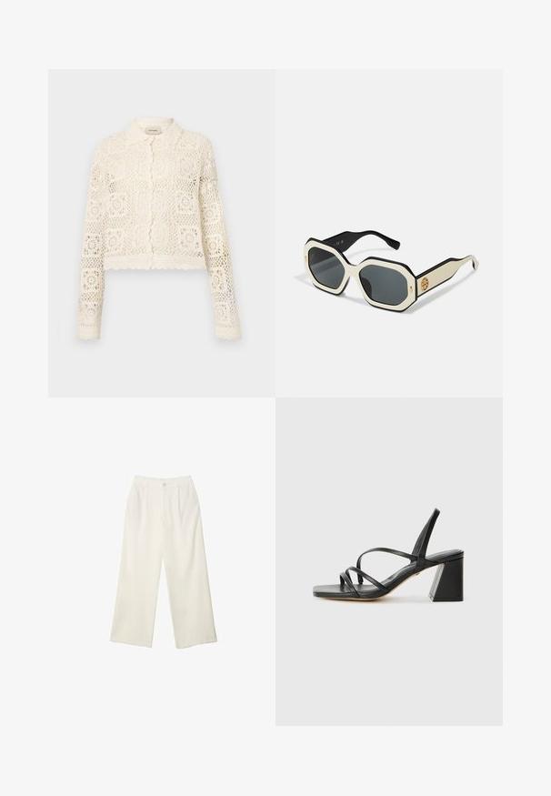 Weißer gehäkelter Cardigan mit Kragen, der ein komplexes Quadratmuster, lange Ärmel und gewellte Kanten aufweist. Knopfverschluss vorne.; Schwarzes Camisole mit zartem Spitzenbesatz entlang der Kanten, asymmetrischem Design, verstellbaren Trägern und glattem satinähnlichem Stoff.; Helle Stoffhose mit weitem Bein und glatter Textur, ausgestattet mit einem einzelnen Knopf vorne, dezenten Falten und einem Hochbund-Design.; Schwarze High Heels Sandalen mit quadratischer Zehenpartie, die mehrere dünne Riemen und einen geometrischen Blockabsatz aufweisen. Glatte Ledertextur und minimales Design.; Sonnenbrille mit einem oktagonalen weißen Rahmen, schwarzen Kanten und grauen Gläsern. Ein goldenes Logodetail an der Seite verleiht einen markanten Akzent.