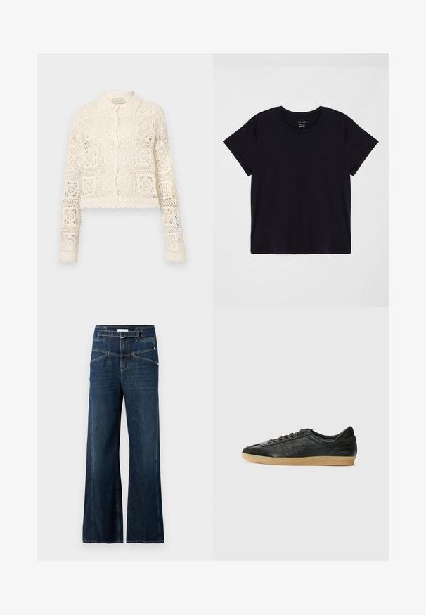 Balta tamborēta džemperis ar apkakli, ar sarežģītu kvadrātu rakstu, garām piedurknēm un izgrieztām malām. Priekšpusē pogu aizdare.; Melns īsais krekliņš ar īsām piedurknēm, kas izgatavots no mīkstas kokvilnas. Klasisks apaļas kakla dizains ar vienkāršu, neizpušķotu virsmu un brīvu piegriezumu.; Plati kāju džinsi, izgatavoti no tumši zaļa džinsu auduma, ar augstu vidukli, divām priekšējām kabatām un atšķirīgu vīļu apdari.; Melnas ādas tenisa kurpes ar zamša akcentiem, apaļi purngali, gumijas zoles, līdzenas šnīres un izšuvumi. Iekļauts zīmola uzraksts uz papēža.