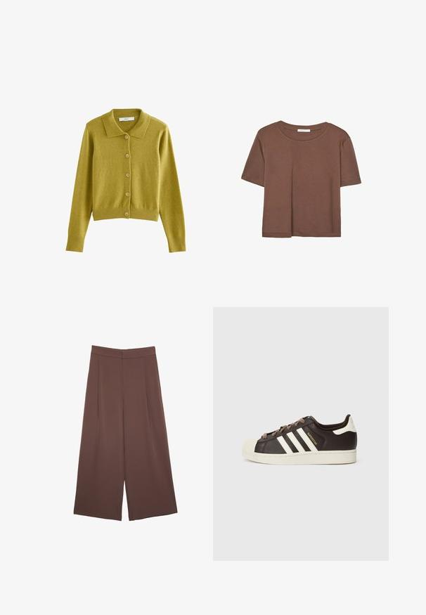 Button-up cardigan in mustard yellow, featuring a classic collar, ribbed hem, and cuffs, made from soft, textured material.; Brown short-sleeve t-shirt made of soft fabric, with a round neckline and relaxed fit. No visible patterns or accents.; Brown wide-leg trousers with a smooth texture, featuring a high waist and front pleats. The fabric is lightweight and flows loosely.; Low-top Adidas Superstar sneaker in dark brown leather with cream shell toe, white stripes, and "Superstar" text on the side.