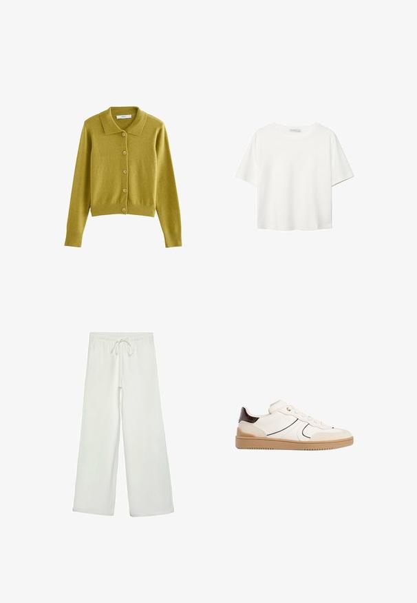 Button-up cardigan in mustard yellow, featuring a classic collar, ribbed hem, and cuffs, made from soft, textured material.; White short-sleeve t-shirt made of cotton. Features a crew neckline and a relaxed fit. Smooth texture with no visible patterns or accents.; White wide-leg pants made of soft fabric. Features an elastic waistband with a drawstring and a smooth texture. No visible patterns or hardware.; Stradivarius Trainers - white