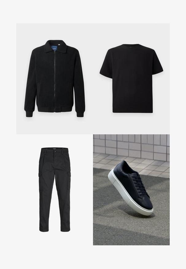 Chaqueta de forro polar negra con cierre de cremallera, cuello alzado, puños acanalados y bolsillos laterales con una superficie texturizada.; Camiseta negra de manga corta hecha de tejido texturizado, con un cuello redondo y un corte relajado. Sencilla, sin patrones ni acentos.; Pantalones cargo negros hechos de tela resistente, que cuentan con múltiples bolsillos, un cierre de botón y un diseño de corte slim con piernas ajustadas.; Zapatilla de cuero negro con punta redonda y suela de goma blanca. Presenta cordones planos y un mínimo de costuras en la parte superior. Suela texturizada para proporcionar agarre.