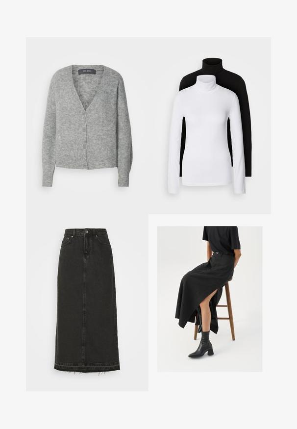 Pilkas vilnonis džemperis su V formos iškirpte, mygtukais priekyje ir ilgomis rankovėmis. Turtingas minkštu tekstūru ir laisvu siluetu. Be raštų ar akcentų.; Du kišeninės ilgomis rankovėmis turtleneck marškiniai, vieni balti, kiti juodi, pagaminti iš lygaus, tampraus audinio, abu su siauru figūrą pabrėžiančiu dizainu ir aukštais apykaklėmis.; Juodas džinsinis midi sijonas su prigludusia juosmens linija, priekyje užsegamas mygtukais ir su plonu apdailos kraštu. Sijonas turi klasikinį penkių kišenių dizainą ir lengvą tekstūrą.; Juoda lininė maksi sijonas su aukštu plyšiu, vilkimas su juodu marškinėliu ir juodais aulinukais. Minimalistinis dizainas su laisvu siluetu.