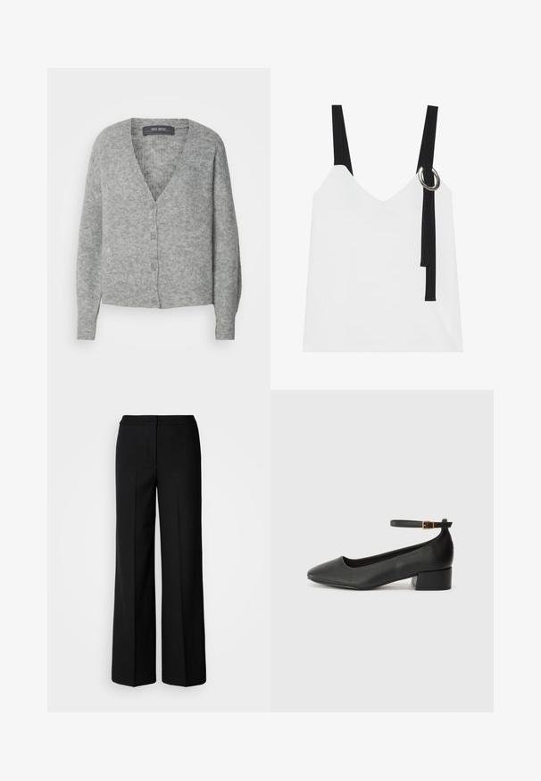 Szary wełniany kardigan z dekoltem w kształcie V, z przodu na guziki i długimi rękawami. Posiada miękką teksturę i luźny krój. Bez wzorów czy akcentów.; Biała bezrękawnikowa bluzka z dekoltem w serek, z czarnymi ramiączkami i srebrnym detalem w kształcie pierścienia. Gładki materiał i nowoczesny, minimalistyczny design.; Czarne szerokie spodnie o gładkim materiale, z wysokim stanem, dopasowanymi szwami i minimalistycznym designem. Brak widocznych zapięć lub kieszeni.; Czarne skórzane szpilki z ostrym noskiem i niskim słupkowym obcasem. Wyposażone w pasek na kostkę z złotym zapięciem. Gładka tekstura.