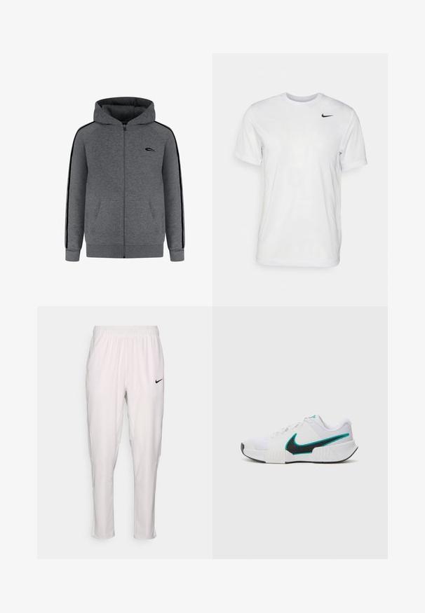 Sweat à capuche gris zippé avec une fermeture éclair à l'avant, deux poches avant et des accents noirs sur les côtés. Comprend une capuche et des poignets et un ourlet côtelés.; T-shirt blanc à manches courtes en tissu lisse. Il présente un col rond et un petit logo Nike noir sur la poitrine gauche.; Pantalon de sport blanc avec une taille élastique. Présente une coupe slim, une texture lisse et un petit logo Nike noir à l'avant.; Chaussure de sport blanche avec une tige en mesh texturé, semelle en caoutchouc noire et accent en teal sur le logo Nike. Équipée de lacets et d'un col rembourré.