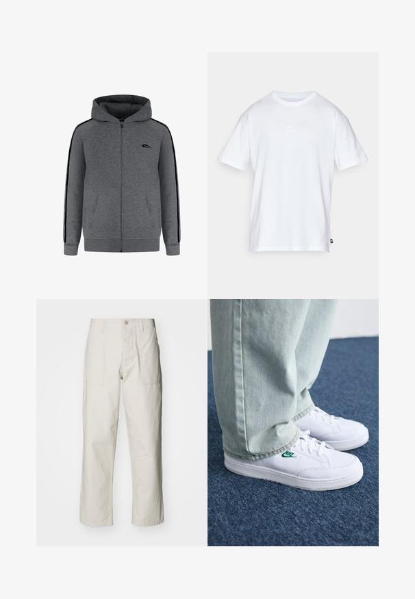 Sudadera gris con cremallera frontal, dos bolsillos delanteros y detalles laterales en negro. Cuenta con capucha y puños y dobladillo acanalados.; Camiseta de algodón blanca con mangas cortas y cuello redondo. Presenta un pequeño y sutil logo de Nike en el pecho y una etiqueta lateral.; Pantalones de pierna ancha color beige claro, hechos de algodón. Cuentan con bolsillos frontales y cierre de botón. Textura suave con sutiles líneas verticales.; Zapatillas de cuero blanco con logo de Nike verde, puntera redonda, suela plana, combinadas con pantalones de mezclilla azul claro, sobre una alfombra azul.