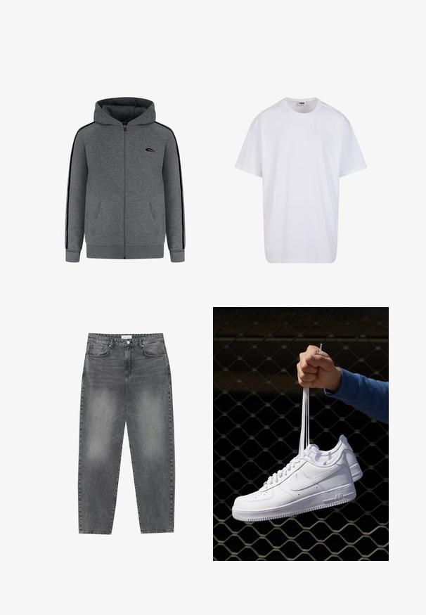 Felpa grigia con zipper frontale, due tasche anteriori e accenti neri sui lati. Presenta un cappuccio e polsini e orlo a costine.; Maglietta bianca in cotone con maniche corte, scollatura rotonda, vestibilità comoda e senza loghi o motivi visibili. Texture liscia e design minimale.; Jeans a vita alta, dal taglio ampio in denim nero sbiadito. Presentano cinque tasche, passanti per cintura e un design dritto e pulito.; Sneakers in pelle bianca con perforazioni, punta rotonda, suola piatta e lacci spessi, con logo swoosh visibile e "AIR" sul tallone.