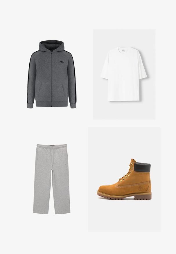 Grijze zip-up hoodie met een voorliggende rits, twee voorzakken en zwarte zijaccenten. Voorzien van een capuchon en ribgebreide manchetten en zoom.; Witte t-shirt met korte mouwen, gemaakt van katoen, met een ronde halslijn en een relaxte pasvorm. Gladde textuur, zonder zichtbare patronen of accenten.; Grijze katoenen loungebroeken met een elastische tailleband, trekkoord en twee zijzakken; rechte pijpen, zachte textuur, zonder patronen.; Tan suède enkelboot met zwart gevoerd kraagje, gouden metalen oogjes, witte stikdetails en een robuuste rubberen zool met uitgesproken profiel.