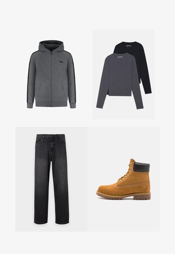 Grauer Zip-Hoodie mit Frontreißverschluss, zwei Fronttaschen und schwarzen seitlichen Akzenten. Verfügt über eine Kapuze sowie gerippte Bündchen und Saum.; YOURTURN 2 PACK UNISEX - Langarmshirt - dark grey/black; Dunkelgraue Denim-Jeans mit geradem Bein, ausgestattet mit einem Reißverschluss, fünf Taschen und subtilen Verblassungen auf dem Stoff.; Beige Wildleder-Ankle-Boot mit schwarzem gepolstertem Kragen, goldenen Metallösen, weißen Nähdetalben und einer robusten Gummisohle mit ausgeprägtem Profil.
