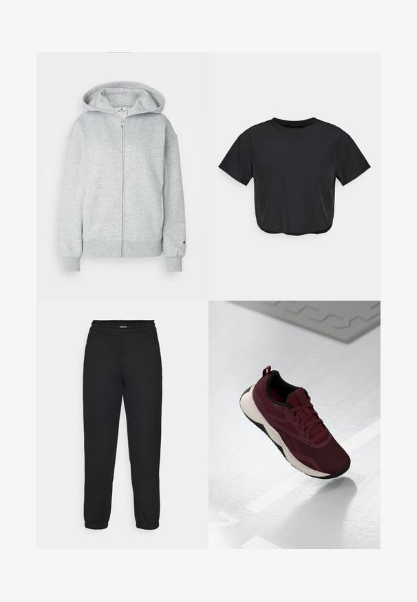 Champion ICONS FULL ZIP HOODIE LOGO - Mikina so zipsom - grey; Čierne skrátené tričko vyrobené z jemného materiálu, s okrúhlym výstrihom, krátkymi rukávmi a voľným strihom. Jemné detaily šitia.; Champion C-TECH CUFFED PANTS INTERLOCK - Tepláky - black; Bordová športová obuv s textilným vrchom, čiernymi akcentmi a polstrovanou bielou podrážkou. Obsahuje šnúrku na zaviazanie a pútko na päte.