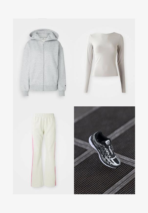 Champion ICONS FULL ZIP HOODIE LOGO - Cipzáras pulóver - grey; Világosszürke, hosszú ujjú felső, sima, csúszós anyagból készült, kerek nyakkivágással és testhez simuló fazonnal. Az alja enyhén ki van bővülve.; Világos bézs színű nadrág, elasztikus derékrésszel, rózsaszín oldalsávokkal és oldalzsebekkel. Sima felület, egyenes lábdesign.; Nike futócipő, fekete és ezüst színvilággal, hálós felső résszel, texturált talppal és biztos illeszkedést biztosító fűzőrendszerrel.