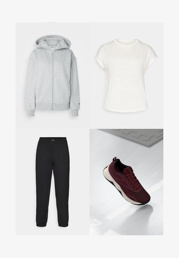 Champion ICONS FULL ZIP HOODIE LOGO - Majica s kapuljačom i patentnim zatvaračem - grey; Bijela majica kratkih rukava s teksturiranim cvjetnim uzorkom, okruglim izrezom i opuštenim krojem. Izrađena od mekog, laganog materijala.; Champion C-TECH CUFFED PANTS INTERLOCK - Donji dijelovi trenirke - black; Bordo atletska cipela s mrežastim gornjim dijelom, crnim akcentima i podloženim bijelim potplatom. Ima sustav vezanja i pomoćnu petlju na peti.