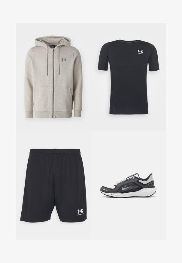 Harmaa Under Armour -huppari, jossa on vetoketju, etutaskut ja kiristettävä huppu, esitelty yksinkertaista taustaa vasten.; Musta lyhythihainen urheilupaita, joka on valmistettu kosteutta siirtävästä, joustavasta kankaasta. Paidassa on pyöreä pääntie ja pieni valkoinen logo rinnassa.; Mustat urheilushortsit, jotka on valmistettu sileästä kankaasta ja joissa on joustava vyötärönauha. Silverinen logo alareunassa oikealla puolella.; Musta ja harmaa urheilukenka, jossa on verkkopäällinen, heijastavat yksityiskohdat ja valkoinen välipohja. Varustettu kuvioidulla kumipohjalla ja nauhoilla.