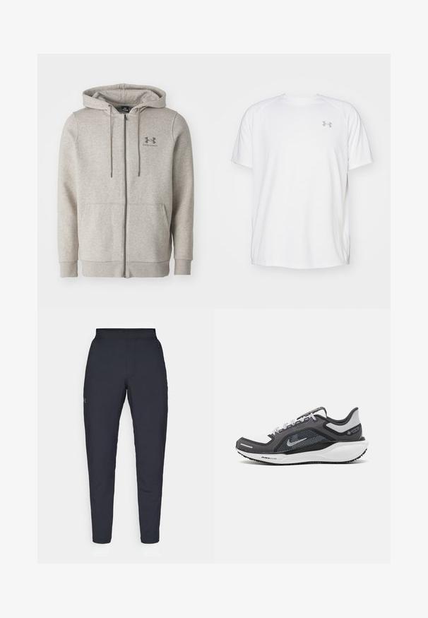 Heledhalli Under Armouri tõmblukuga kapuutsiga jakki, millel on ees taskud ja nöör, esitletud ühevärvilise tausta ees.; Valge lühikeste varrukate ja sportliku lõikega särk, millel on sile kangas. Omab ümarat kaelust ja halli logo vasakul rinnal, ning külgsuured lõhik kui lõhateel.; Mustad mustreid spordipüksid, millel on sile tekstuur, kitsas lõige, elastne vöökoht ja küljetaskud. Vasakule reiele on tikandatud väike logo.; Mustern ja hallide värvusega spordijalats, millel on võrgusilmast ülemine osa, peegeldavad aktsendid ja valge vaheosa. Omab tekstuuriga kummist välisosa ja kingapaelu.