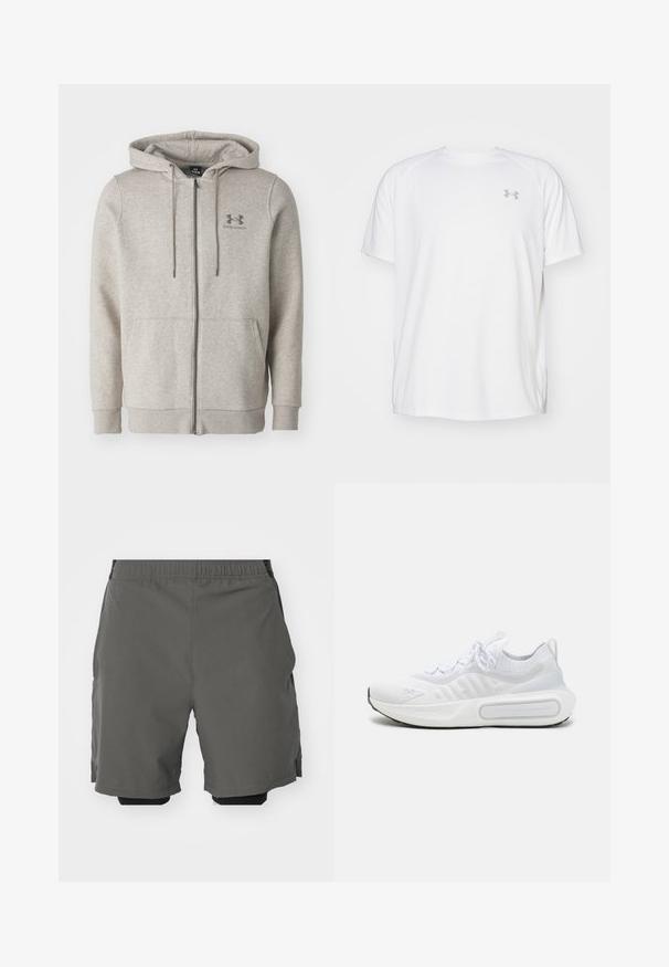 Sudadera con cremallera de Under Armour en gris claro, con bolsillos frontales y capucha con cordón, mostrada contra un fondo simple.; Camisa atlética de manga corta blanca, hecha de tejido suave. Presenta un cuello redondo y un logo gris en el lado izquierdo del pecho, con aberturas laterales en el dobladillo.; Pantalones cortos deportivos grises con una tela suave y liviana, y una cinturilla elástica, que incluyen pantalones cortos de compresión interiores y bolsillos laterales.; Zapatilla deportiva blanca con una parte superior de punto texturizado, cierre de cordones, suela acolchada y un detalle de marca distintivo en el lateral.