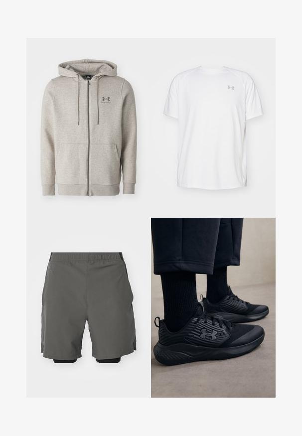 Lichtgrijze Under Armour zip-up hoodie met voorzakken en een capuchon met trekkoord, weergegeven tegen een effen achtergrond.; Witte sportieve T-shirt met korte mouwen, gemaakt van gladde stof. Heeft een ronde hals en een grijs logo op de linkerkant van de borst, met zijsplitten aan de zoom.; Grijze sportshorts van een gladde, lichte stof met een elastische tailleband, voorzien van binnenste compressieshorts en zijzakken.; Persoon in zwarte sport sneakers met gestructureerde zijkanten en logo, gecombineerd met zwarte sokken en cropped broek op een lichte vloer.