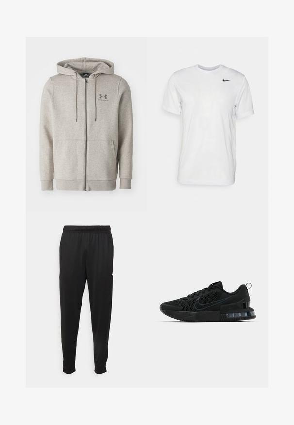Svjetlosiva Under Armour dukserica s patentnim zatvaračem, s prednjim džepovima i kapuljačom na vezanje, prikazana na jednoličnoj pozadini.; Bijela kratkotrajna majica s kratkim rukavima izrađena od glatkog materijala. Ima okrugli izrez i mali crni Nike logo na lijevoj strani prsnog koša.; Crne atletske hlače od glatkog materijala, s elastičnom pasicom, sužavajućim nogavicama i malim bijelim logom na lijevoj strani.; Crne Nike sportske tenisice s mrežastim gornjim dijelom, gumenim potplatom, podstavljenim ovratnikom i istaknutim prozirnim akcentom na peti.