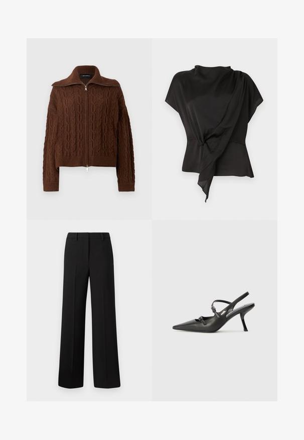 Barna, kábelmintás kötött pulóver teljes hosszúságú elülső cipzárral és bordázott gallérral, mandzsettával és szegéllyel, egyszínű fehér háttéren bemutatva.; Fekete blúz sima anyagból, drapírozott kialakítással, csomós részlet a deréknál és rövid ujjakkal.; Fekete, széles szárú nadrág sima anyagból, szabott fazonnal, övhurkokkal és látható minták vagy díszítések nélkül.; Fekete bőrszíjjal ellátott magassarkú cipő, hegyes orral, karcsú sarkával és díszes csattal a vamp részén. Simás textúra és elegáns dizájn.