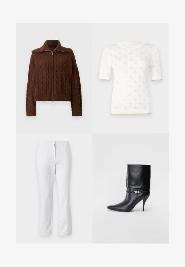 Cárdigan marrón de punto trenzado con cuello alto y cremallera completa en la parte delantera. Cuenta con mangas largas y puños y dobladillo acanalados. Tirador de cremallera plateado sencillo.; Top de punto blanco de manga corta con un patrón sutil, que presenta un escote redondo y un acento dorado en el dobladillo. La textura parece ligera y transpirable.; Pantalones de algodón blancos con un diseño de pierna recta, que cuentan con una cintura de media altura y sin herrajes o patrones visibles. Textura suave en todo su recorrido.; Botín de cuero negro hasta el tobillo con punta afilada, tacón alto de aguja, puño doblado y un detalle decorativo de hebilla dorada en el tobillo.