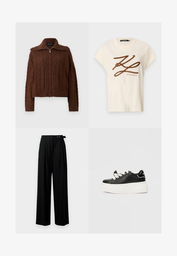 Brun kabelstrikket cardigan med høy krage og hel frontglidelås. Har lange ermer og ribbestrikkede mansjetter og kant. Enkel sølvfarget glidelåstrekk.; Kremfarget bomull T-skjorte med korte ermer, med en brun brodert logo og skriftdesign på fronten.; Svarte vide bukser med høy livlinje, folder foran og belte med spenne. Laget av glatt, lett materiale.; Svart lær sneaker med en tykk hvit ribbesol, som har hvite skolisser og en dekorativ sløyfeaccent på tungen.