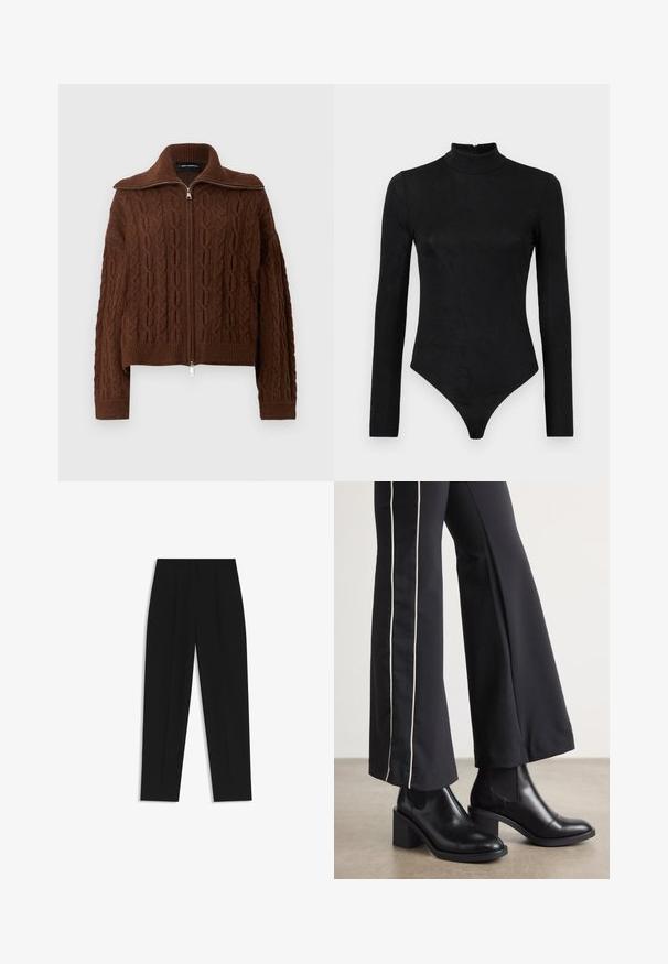 Brown knitted sweater with a cable pattern, zip closure, and a wide collar. Features ribbed cuffs and hem for a fitted look.; Black long-sleeve bodysuit with a high neck and subtle texture. Features a back zipper and a thong bottom design.; Black trousers with a straight fit, featuring double pleats, a smooth texture, and a classic waistband design. No visible hardware or accents.; Black leather ankle boots with a block heel, featuring elastic side panels. Paired with black pants that have a white side stripe.