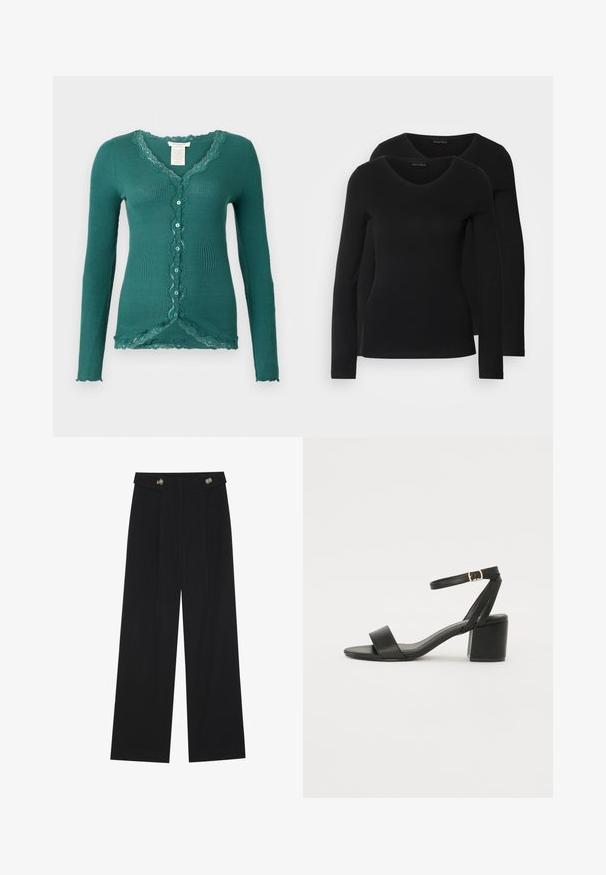 Rosemunde Adīta jaka - sea moss; Divi melni krekli ar garām piedurknēm un V-veida kakla izgriezumu, izgatavoti no mīksta, elastīga auduma, ar gludu tekstūru un pieguļošu formas.; Melnas platās bikses ar augstu jostasvietu, pogu detaļām uz jostas un priekšējām krokām.; Melnas papēžu sērijas sandales ar gludu ādas virsmojumu, atvērtu pirkstu, platām priekšējām siksnām un regulējamu potītes siksnu ar zelta sprādzi.