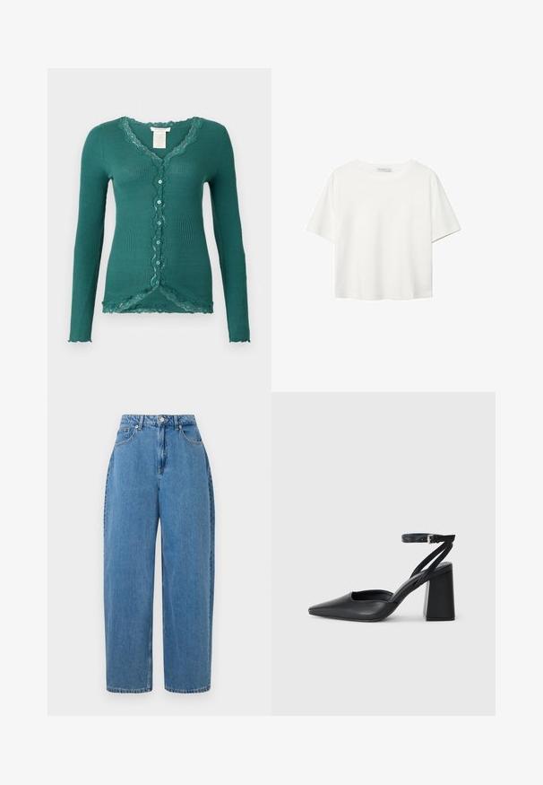 Rosemunde - Kardigan; Biała koszulka z krótkim rękawem, wykonana z bawełny. Posiada okrągły dekolt i luźny krój. Gładka faktura bez widocznych wzorów czy akcentów.; Jasnoniebieskie dżinsowe spodnie o prostym kroju, wysokim stanie i zapięciu na guzik z przodu. Posiadają pięć kieszeni i minimalne detale szycia.; Czarne skórzane czółenka z ostrym noskiem, z paskiem na kostce i grubym obcasem. Gładka faktura, elegancki design i minimalistyczna estetyka.