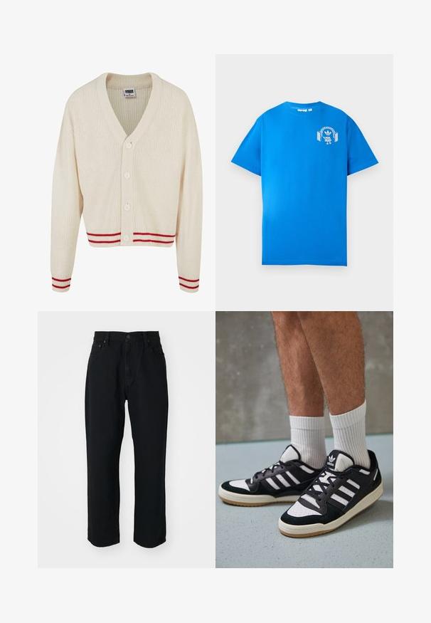 Krema barve rebrasta kardigan z V-izrezom, petimi gumbi in rdečimi črtami na robovih in manšetah. Mehak material, skrajšan kroj.; Modra bombažna majica s kratkimi rokavi. Ima bel grafični dizajn na sprednji strani, ki prikazuje lik s slušalkami in lokom.; Črne jeans hlače z ravnim krojem, lahkotno teksturo, petimi žepi in gumbom za zapiranje v pasu.; Črno-bele superge z zgornjim delom iz usnja in nubuka, ki imajo tri bele črte, perforiran vrh prstov in podplat iz gume.