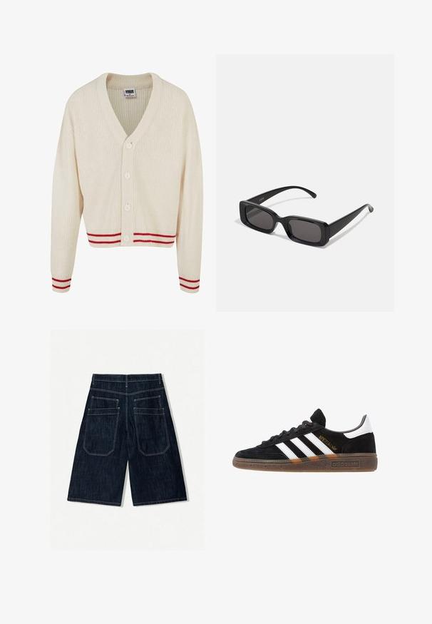Tej nélküli, krém színű, bordázott kardigán V-nyakkal, öt gombbal és piros csíkos díszítéssel az alján és az ujjaknál. Puha tapintás, rövid fazon.; Fehér pamut ujjatlan felső kerek nyakkivágással, széles vállpántokkal és egyenes szegéllyel, sima textúrával, látható minták nélkül.; Sötétkék farmer rövidnadrág, laza fazonban, két hátsó zsebbel, kontrasztos varrással és egyenes szárú kialakítással.; Fekete Adidas sneaker fehér csíkokkal, arany "Spezial" felirattal, gumitalppal és fehér saroktabbal, profil nézetben bemutatva.; Fekete, téglalap alakú napszemüveg sötét lencsékkel, fényes felülettel, széles szárakkal és masszív keret designnal. Az egyik szárra gravírozott márkanevével.; Fehér gyöngy nyaklánc, egységes kerek alakú, sima felületű, fémből készült kapoccsal, állítható hosszúságú meghosszabbító lánccal.