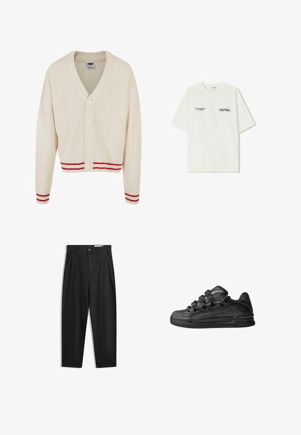 Krämfärgad ribbad cardigan med V-ringning, fem knappar och röda randiga detaljer vid fållen och ärmsluten. Mjuk textur, lätt cropped passform.; Vit bomullströja med korta ärmar. Framsidan har svart text: "INTE IMORGON INTE IDAG" och "KONSTEN ATT FLYTTA JORD" i grön skrivstil.; Svarta bomullsshorts med avslappnad passform, med en klassisk midja, framveck och sidfickor. Slät textur utan mönster.; Svarta sneakers med ovandel i slät läder, texturerade detaljer och runda svarta och vita snören. Tjock gummisula med ett mönstrat mönster.