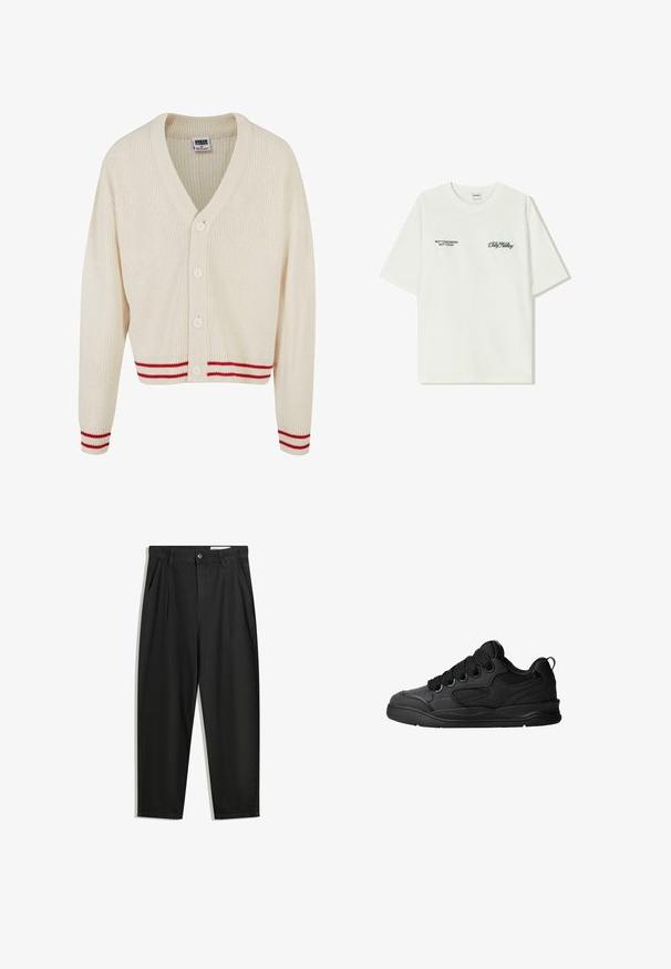 Kremowy, prążkowany kardigan z dekoltem w kształcie V, pięcioma guzikami oraz czerwonymi paskami na dolnym brzegu i mankietach. Miękka tekstura, krótki fason.; Biała bawełniana koszulka z krótkim rękawem. Z przodu znajduje się czarny napis: „NIE JUTRO, NIE DZIŚ” oraz „SZTUKA RUCHU BRUDU” w zielonym skrypcie.; Czarne bawełniane spodnie o luźnym kroju, z klasycznym pasem, przednimi plisy oraz bocznymi kieszeniami. Gładka struktura, bez wzorów.; Czarne sneakersy z teksturowaną cholewką, z sznurowadłami, siateczkowymi akcentami dla lepszej wentylacji, wyściełanym kołnierzem oraz solidną podeszwą.