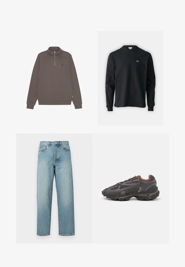 Rjava pulover majica s četrtinskim zadrgo iz bombažne mešanice. Ima stoječi ovratnik in vezen napis "II" na prsih. Rebrasti manšete in spodnji rob.; Črna dolgi rokavi majica iz bombaža, z okroglim ovratnikom in majhnim zelenim vezenim logotipom krokodila na levem prsnem delu.; Svetlo modri jeans z ohlapnim krojem, ravnimi hlačnicami, petimi žepi in gumbom za zapiranje pri pasu. Minimalistični detajli šivanja.; Lacoste teniske v temno sivi barvi z mrežasto in sintetično prevleko, s teksturiranim podplatom in rjavimi detajli na ovratniku ter blagovni znamki.