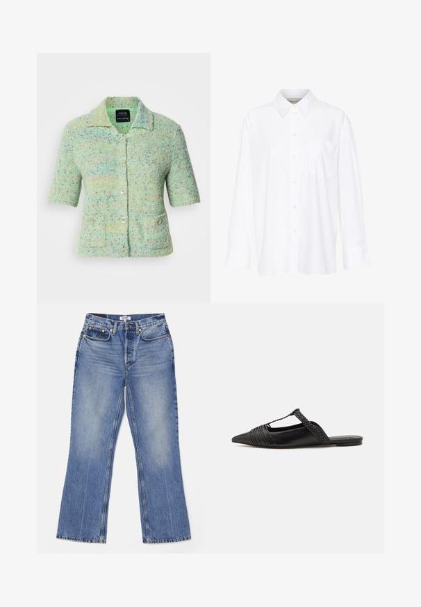 Īsām piedurknēm mentols zaļš adīts kardigāns ar teksturētu virsmu, kurā ir krāsaini plankumi, apkakle un četri pogu aizdari.; Baltais garo piedurkņu krekls ar apkakli, izgatavots no kokvilnas. Aprīkots ar pogu aizdari priekšā un vienu krūšu kabatu. Gluda tekstūra, brīvs piegriezums.; RE/DONE LOOSE - Bootcut piegriezuma džinsi - hacienda; Melnas ādas slingback kurpes ar norādītu purngali, kurām ir austoša akcenta un krokota augšdaļa. Plakana zole ar minimālu aparatūru.