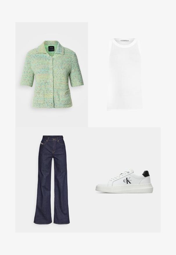 Cardigan en tricot vert menthe à manches courtes avec une finition texturée, ornée de taches colorées, d'un col et de quatre boutons de fermeture.; Débardeur blanc sans manches en tissu côtelé, doté d'un col rond et de bords sans coutures pour un ajustement doux.; Jeans ample bleu foncé en denim avec taille haute, ornés de surpiqûres orange, d'un design à cinq poches et d'une fermeture à bouton.; Baskets basses blanches avec un tab de talon noir, semelle plateforme, lacets et logo "CK" de Calvin Klein sur le côté.