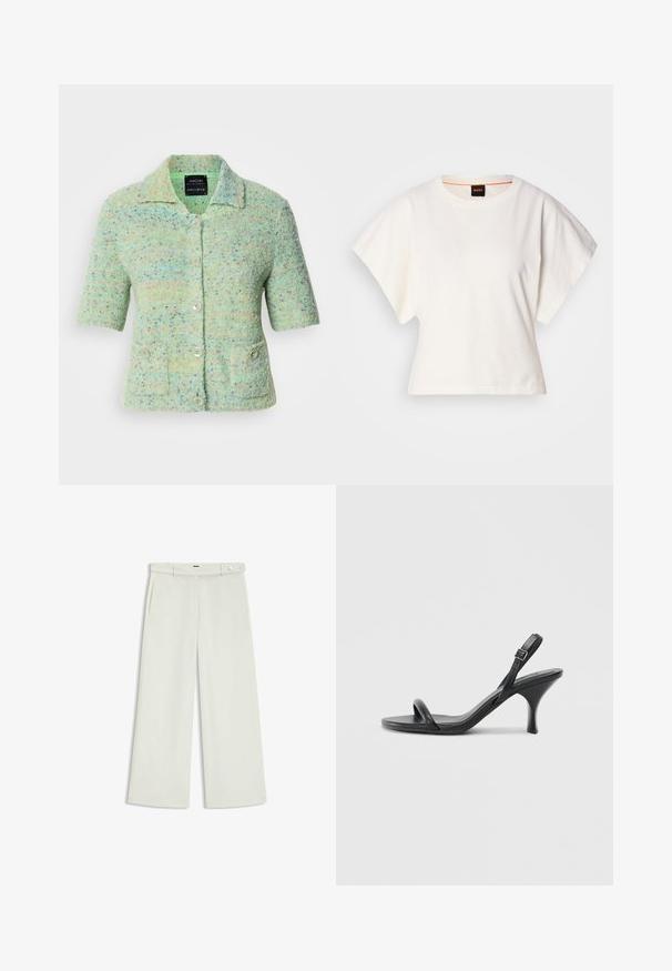 Kurzarmige, mintgrüne Strickjacke mit strukturiertem Finish, verziert mit bunten Sprenkeln, einem Kragen und vier Knopfverschlüssen.; Weißes, kurzes T-Shirt, kurze weite Ärmel, weicher Baumwollstoff, runder Ausschnitt mit subtilen orangefarbenen Akzenten, minimales Design, keine Muster oder Grafiken.; Weite Hose aus zartem Creme-Stoff, mit seitlichen Taschen, flatem Bund und einer Knopfverschluss an der Taille. Glatte Textur.; Schwarze Leder-Sandalen mit hohen Absätzen, schlankem, gebogenem Absatz und gekreuztem Riemendesign. Verstellbarer Knöchelriemen. Glatte Textur.