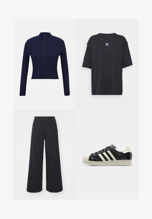 Marineblå ribbestrikket genser med glidelås, lange ermer, høy krage og en kort modell. Teksturert stoff med en glatt finish.; Svart bomull T-skjorte med korte ermer, rund halslinje, med en hvit Adidas-logo på brystet. Enkel design, avslappet passform.; Svart bukse med vid benvidde laget av myk stoff, med elastisk midjebånd og en liten logo på venstre side.; Svarte skinnsneakers med hvite striper, gummitopp, svarte lisser og en kremfarget såle. Glatt tekstur med blank finish.