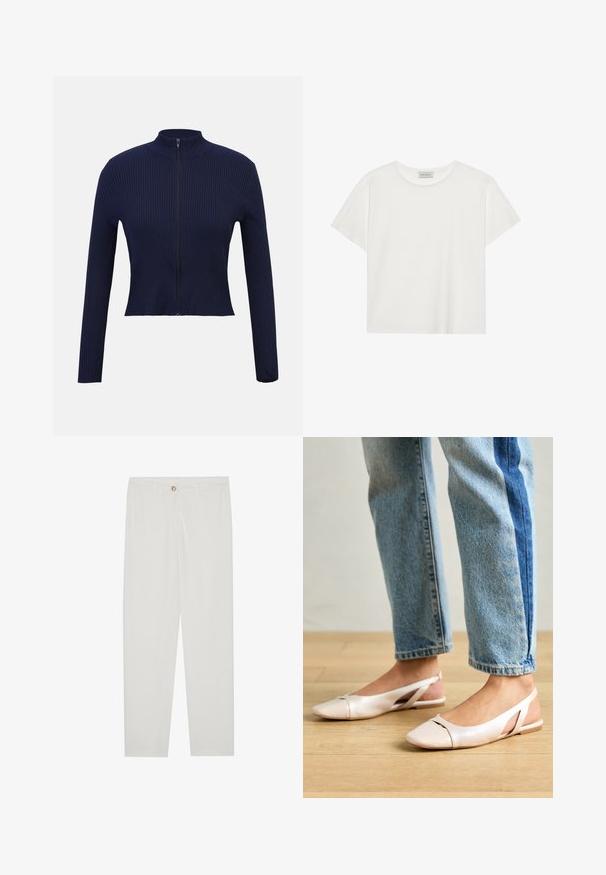 Marineblå ribbestrikket genser med glidelås, lange ermer, høy krage og en kort modell. Teksturert stoff med en glatt finish.; Hvit T-skjorte med kort erm laget av myk bomull. Har rund hals og avslappet passform. Rent design uten synlige mønstre eller aksenter.; Hvite, skreddersydde bukser med rette ben, med knapplukking, beltehemper og sidelommer; glatt tekstur.; Lys rosa slingback leiligheter med spiss tå, laget av et glatt, læraktig materiale. Har utskjæringer på sidene og lav hæl.