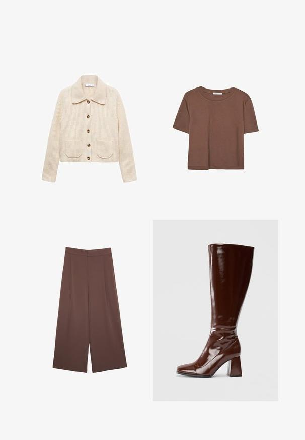 Cardigan a costine di colore crema, con colletto, sette bottoni e due tasche frontali. Tessuto strutturato dall'aspetto accogliente.; Maglietta a maniche corte marrone realizzata in tessuto morbido, con scollatura rotonda e vestibilità rilassata. Nessun motivo o dettaglio visibile.; Pantaloni ampi marroni con una texture liscia, caratterizzati da una vita alta e pieghe frontali. Il tessuto è leggero e scorre liberamente.; Stivali marroni in pelle verniciata alti fino al ginocchio, con punta quadrata, finitura lucida e taccochunky per stabilità. Design senza soluzione di continuità senza hardware visibile.