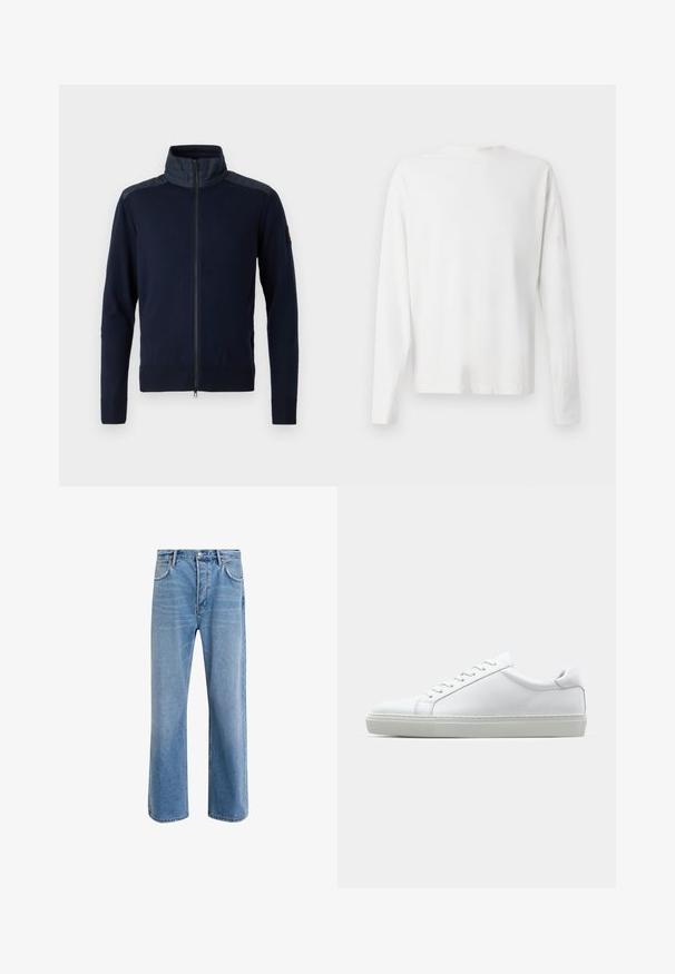 Jūras spēku zipsjakas ar augstu apkakli, elastīgiem piedurknēm un teksturētiem plecu akcentiem. Izgatavota no adīta auduma ar gludām detaļām.; Garums piedurkņu baltā kokvilnas krekls ar apaļu dekoltē, sānu šķēlumiem apakšā un gludu tekstūru, redzams no aizmugures.; Gai zilas džinsu bikses ar taisnām kājām, piecām kabatām, pogu aizvēršanu, minimālu izbalēšanu un kontrastējošiem šuvju elementiem.; Baltie sporta apavi ar gludu ādas virsu un zemu profilu. Iezīmējas ar noapaļotu purngalu, sešām acīm un teksturētu gumijas zoli.