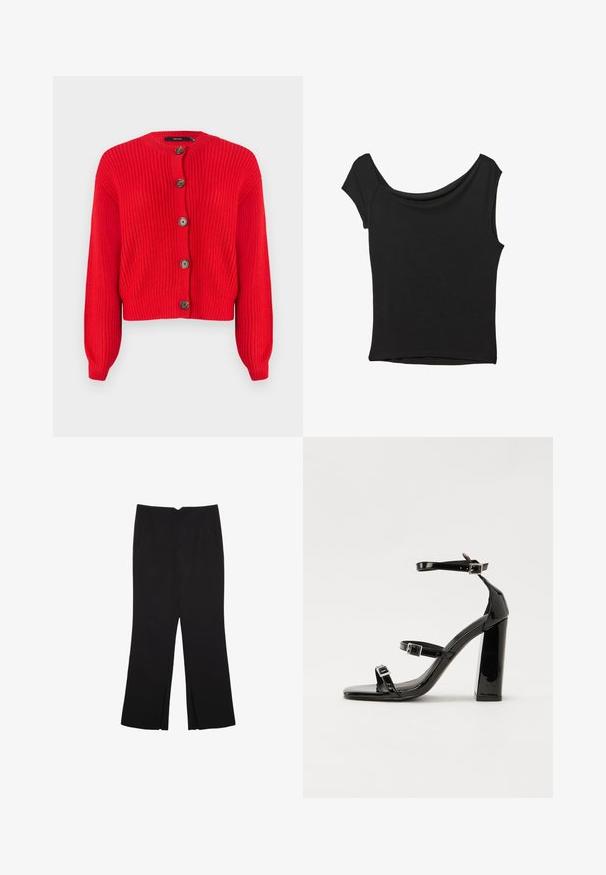 Rdeča pletena jopica s krožnim izrezom, dolgimi rokavi in petimi velikimi rjavimi gumbi spredaj. Skrajšana zasnova in teksturirana tkanina.; Črna kratka majica s kratkimi rokavi iz gladkega blaga; ima drapiran izrez in asimetrično spodnjo rob, s prilegnjenim telesom.; Črne hlače ravnega kroja z naglavnimi žepi in stranskimi razporki na robu. Narejene iz mehke, gladke tkanine. Primerne za različne priložnosti.; Črne lakirane sandale s peto, kvadratnim prstom, trakovi okrog gležnja in srebrnimi zaponkami. Opremljene so s stabilno Debelo peto.