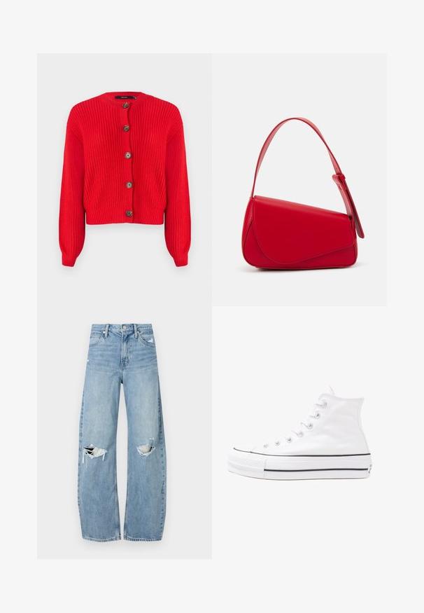 Rød strikket cardigan med rund hals, lange ermer og fem store brune knapper foran. Kuttet design og teksturert stoff.; Svart oversized t-skjorte med en grafikk av en bjørn og teksten "IKKE SØT, MEN VILL" i fet, hvit skrift. Laget av bomull.; Lyseblå høytlivsjeans laget av denim. Har vide bein, to revne knær og klassisk fem-lommers design.; Hvit høy-skinn kanvas sneakers med svart gummisåle, gummitåhette foran og seks hull for snorer, med et rent, minimalistisk design.; Rød lærveske med en vinklet, geometrisk design. Har en enkelt justerbar stropp og en klaffelukking med sydd detaljer.