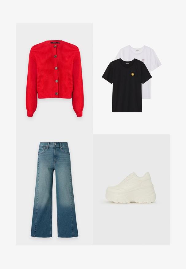 Rode gebreide cardigan met een ronde halslijn, lange mouwen en vijf grote bruine knopen aan de voorkant. Kort ontwerp en textuurstof.; Zwart-witte T-shirts, ronde hals, korte mouwen. Het zwarte shirt heeft gele zon-geborduurde details; het witte shirt heeft een purperen halve maan accent.; Brede pijpen jeans in een middelmatige blauwe wassing, met een gradient effect van donker naar licht. Gemaakt van denim met een traditionele vijf-pocketstijl.; Witte platform sneakers met een gladde leren bovenkant, afgeronde vorm, gewatteerde kraag en een gestructureerde rubberen zool met duidelijke profiel.