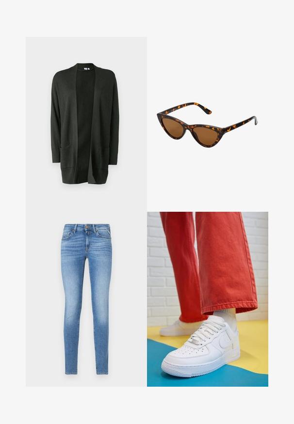Ciemnozielony kardigan wykonany z miękkiej dzianiny, z otwartym przodem, długimi rękawami i dwiema przednimi kieszeniami. Lekki i uniwersalny.; Trzy bluzki z długim rękawem ułożone jedna na drugiej: czarna, szara i biała. Każda z okrągłym dekoltem i skróconym fasonem, wykonana z gładkiego, lekkiego materiału.; Slim-fit jasnoniebieskie dżinsy z średnim stanem, z przodem na guzik i pięcioma kieszeniami.; Białe skórzane sneakersy z perforowanym czubkiem, teksturowaną podeszwą i białymi sznurowadłami, w połączeniu z szerokimi czerwonymi spodniami na niebiesko-żółtym tle.; Okulary przeciwsłoneczne w kształcie kocich oczu z czarno-pomarańczową oprawą w deseń żółwia, brązowymi soczewkami i eleganckimi, spiczastymi końcówkami. Posiadają minimalistyczne logo na zauszniku.; Złote kolczyki w kształcie kółek o gładkim, błyszczącym wykończeniu. Okrągły design z małym klipsem i przezroczystym zapięciem zapewniającym bezpieczne noszenie.