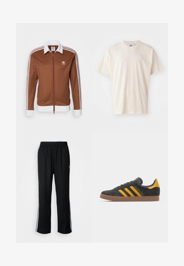 Hnedá športová bunda s bielym golierom a manžetami, so zipsom a tromi bielymi pruhmi pozdĺž rukávov. Logo Adidas na prsiach.; Krémové bavlnené tričko s okrúhlym výstrihom a krátkymi rukávmi; má malé, svetlého odtieňa logo na hrudi.; Čierne športové nohavice s elastickým pásom, s bielymi bočnými prúžkami a malým logom. Materiál vyzerá byť mäkký a ľahký.; Čierne semišové tenisky so žltými akcentmi, ktoré majú tri pruhy a hnedú gumovú podrážku. Obsahujú vypolstrovaný jazyk pre pohodlie.