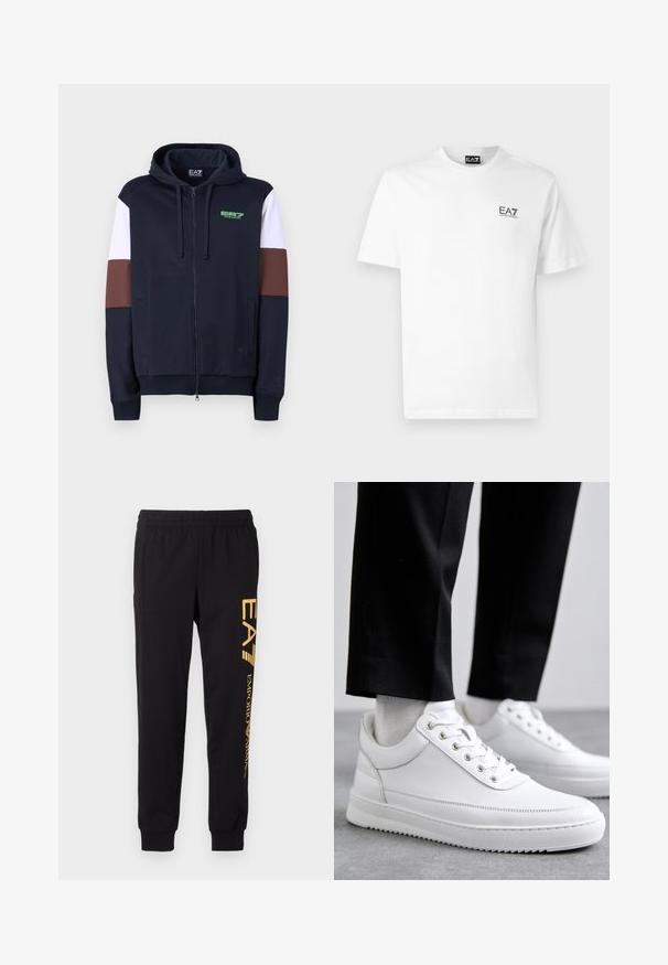 Sweatshirt com fecho em azul-marinho, com riscas brancas e castanhas. Apresenta uma textura suave, bolsos canguru e um logo verde no peito.; T-shirt branca de algodão com decote redondo, mangas curtas e um logótipo preto da EA7 no lado esquerdo do peito. Textura lisa e uniforme.; Calças de treino pretas feitas de tecido suave, com uma cintura elástica e tornozelos ajustados. Logotipo amarelo impresso verticalmente na perna esquerda.; Sneakers brancos de couro com uma sola de borracha plana, apresentando um acabamento suave, bico redondo e ilhós de metal para os atacadores. Usados com calças pretas.