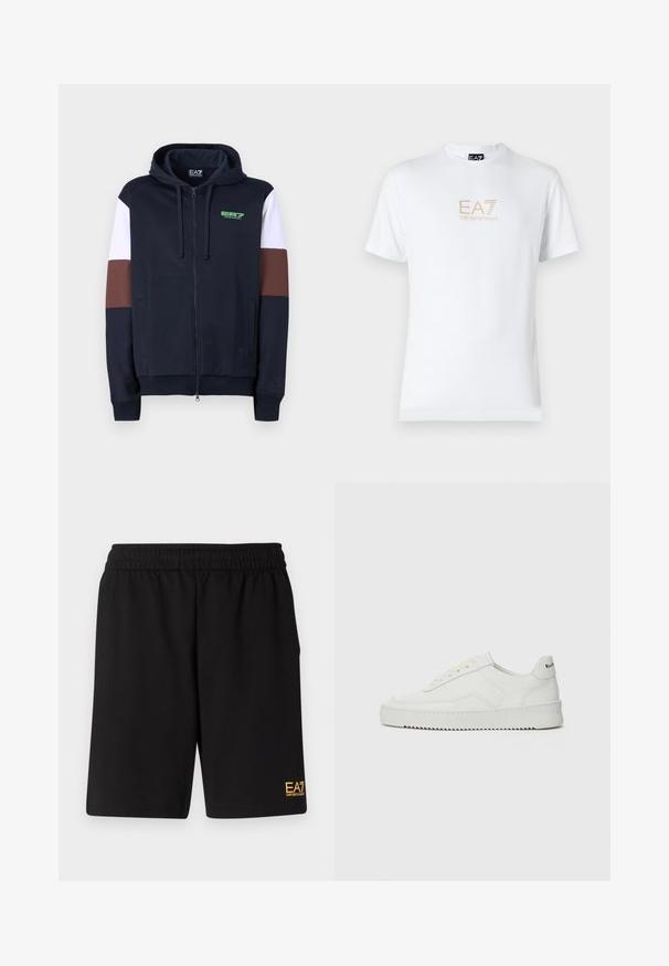 Zip-up hoodie in navy with white and brown accent stripes. Features a soft texture, kangaroo pockets, and a green logo on the chest.; White cotton t-shirt featuring a round neckline and short sleeves, with a gold EA7 Emporio Armani logo printed on the front.; Black athletic shorts made of soft fabric,Featuring an elastic waistband and a small yellow EA7 logo on the lower left leg.; White leather sneaker with a smooth finish, round toe, flat laces, and a textured sole. Features a subtle logo on the heel.