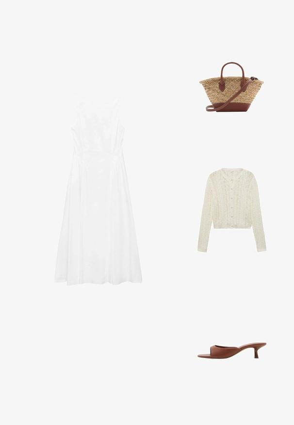 Weißer Strickcardigan mit langen Ärmeln, rundem Ausschnitt und Knopfverschluss, mit strukturiertem Muster und cropped Design.; Weißes ärmelloses Kleid mit einem schlichten Design, A-Linie-Form, glatter Textur und Nahtdetails an den Seiten.; Braune offene Absatzmules mit glatter, matter Oberfläche, die ein geschwungenes Design und einen transparenten, verjüngten Absatz aufweisen.; Geflochtene Strohtasche mit braunen Lederakzenten, zwei Griffen und einem abnehmbaren Gurt. Kurvenform mit einem stabilen Boden.