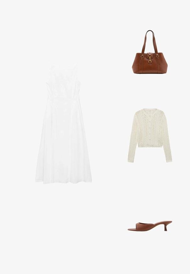Hvid strikket cardigan med lange ærmer, rund halsudskæring og knaplukning, der har et struktureret mønster og cropped design.; Hvid ærmeløs kjole med et enkelt design, A-formet silhuet, glat tekstur og syninger langs siderne.; Brune åbne tå hæle mules med en glat, mat finish, der har et buet design og en gennemsigtig, afsmalnende hæl.; Brun lædertaske med dobbelte stropper, rund form, guldfarvet hardware og en central spænde detalje. Glat tekstur med syninger.
