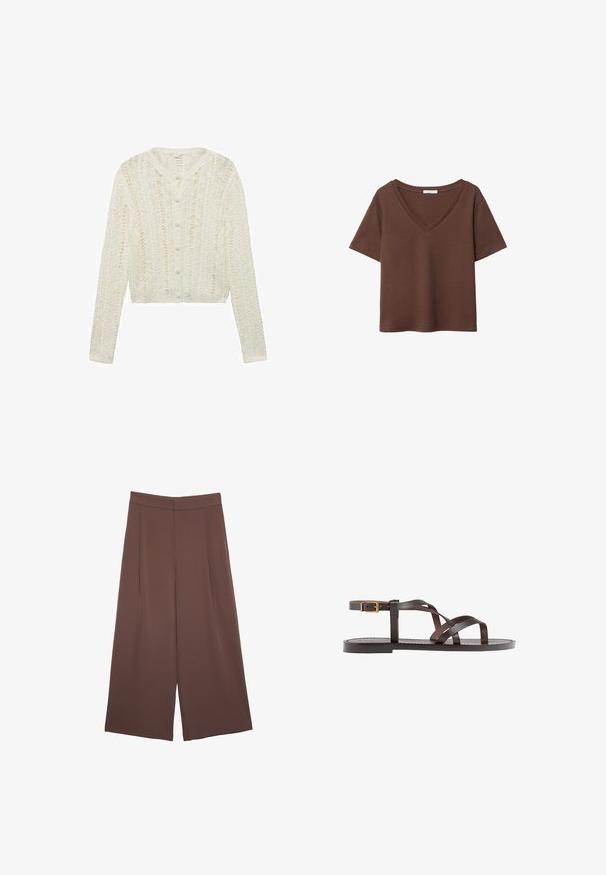 Hvid strikket cardigan med lange ærmer, rund halsudskæring og knaplukning, der har et struktureret mønster og cropped design.; Brun bomulds t-shirt med korte ærmer og dyb V-hals. Enkel design, blød tekstur og lige kant. Ingen mønstre eller detaljer.; Brune bredbunde bukser med en glat tekstur, der har høj talje og plisseringer foran. Stoffet er let og falder løst.; Brune lædersandal med krydsende stropper, ankelspænde og en flad sål med minimale syninger.