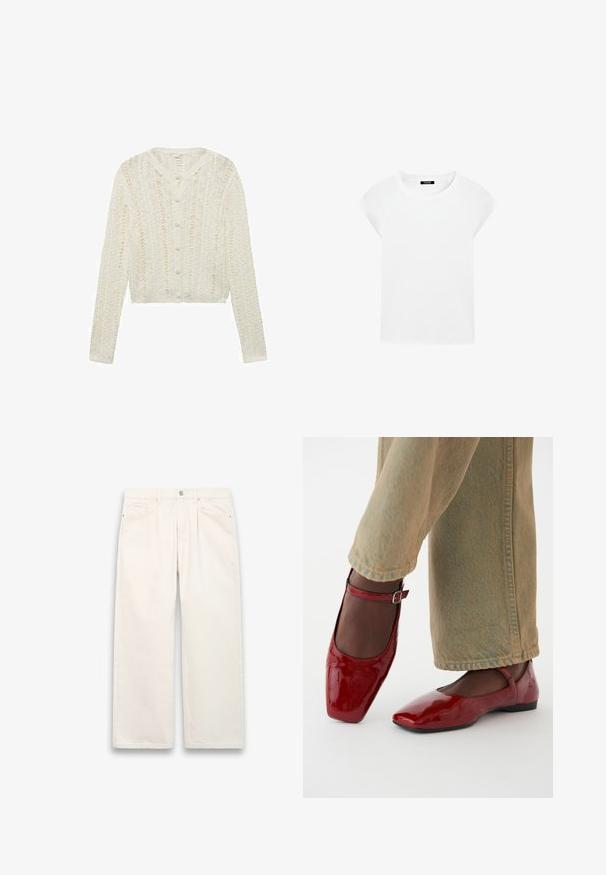 White knitted cardigan with long sleeves, a rounded neckline, and button closure, featuring a textured pattern and cropped design.; White short-sleeve t-shirt made of soft cotton with a round neckline and raglan sleeves, featuring a relaxed, straight cut without patterns.; White wide-leg jeans made of denim, featuring a button closure, five pockets, and subtle stitching details. Clean, minimalist design.; Red patent leather shoes with a square toe, low heel, and ankle strap, paired with light green wide-leg jeans. Smooth texture, reflective surface.