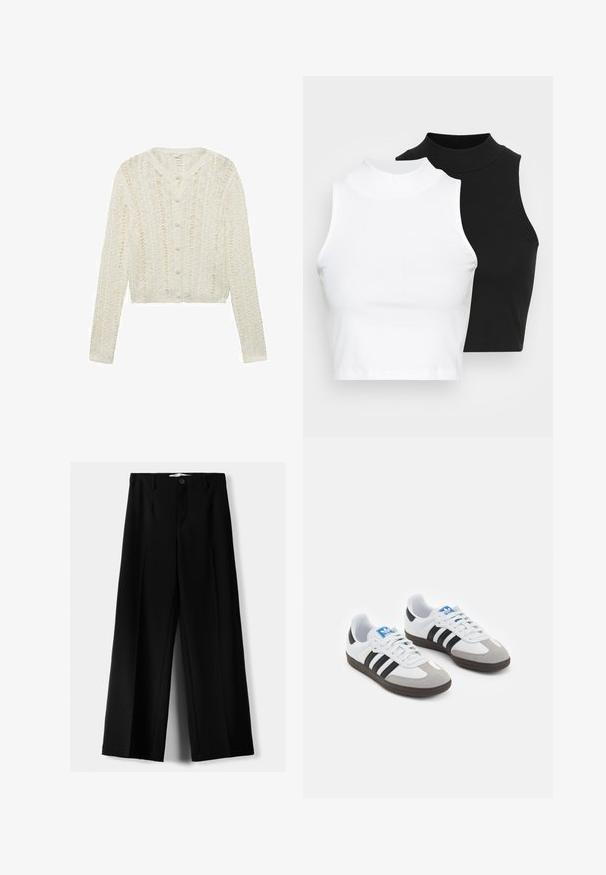 Cardigan bianco in maglia con maniche lunghe, scollatura arrotondata e chiusura con bottoni, caratterizzato da un motivo testurizzato e un design cropped.; Due top in maglia senza maniche, a collo alto, in nero e bianco, con un design aderente e una superficie liscia, di lunghezza cropped.; Pantaloni neri a gamba larga realizzati in tessuto leggero, caratterizzati da una chiusura frontale con bottone e frontale piatto, con orli cuciti con precisione.; Scarpe sportive con tomaia in pelle bianca, punta in suede grigia e tre strisce nere. Presentano un logo blu sulla linguetta e una suola in gomma testurizzata.